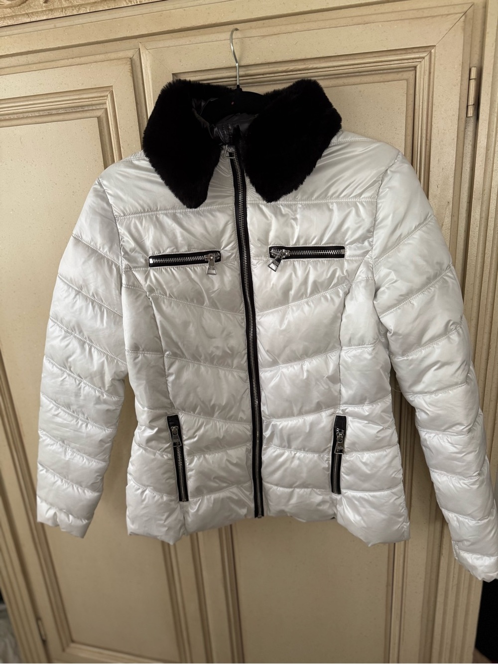 Karl Lagerfeld White Puffer Jacket with Black Faux-Fur Collar